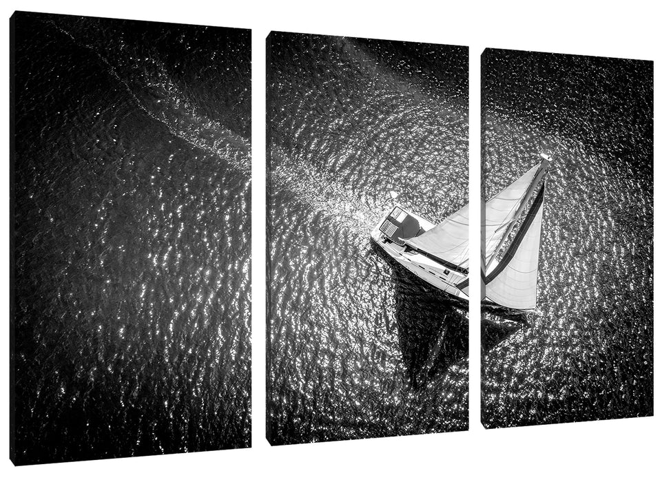 Einsames Segelboot auf dem Meer, Monochrome Leinwanbild 3Teilig