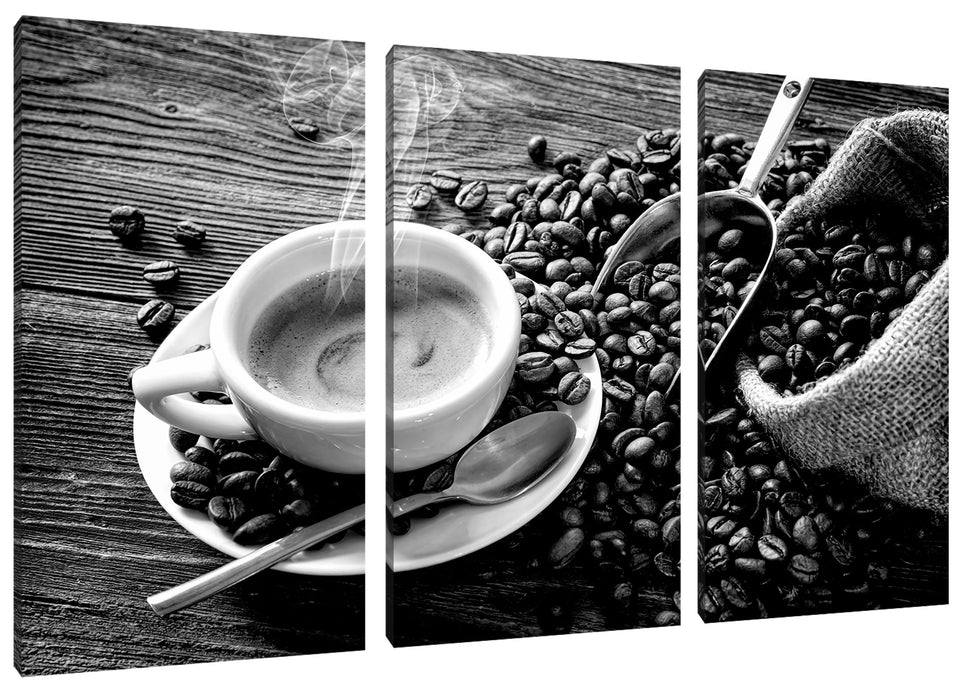 Espressotasse mit Kaffeebohnen, Monochrome Leinwanbild 3Teilig