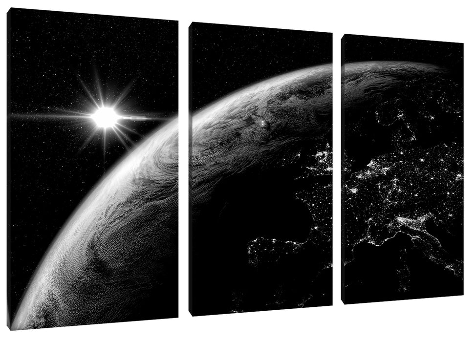 Erdkugel im All mit Lichtern, Monochrome Leinwanbild 3Teilig