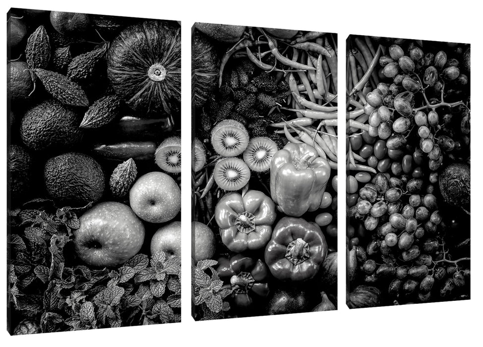 Verschiedene bunte Früchte von oben, Monochrome Leinwanbild 3Teilig