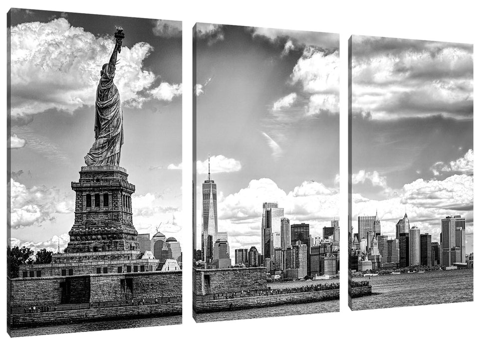 Freiheitsstatue mit New Yorker Skyline, Monochrome Leinwanbild 3Teilig