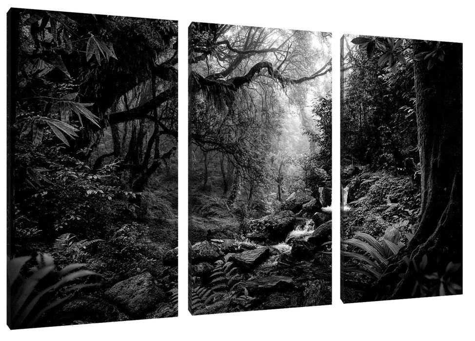 Kleinder Wasserfall im Dschungel, Monochrome Leinwanbild 3Teilig