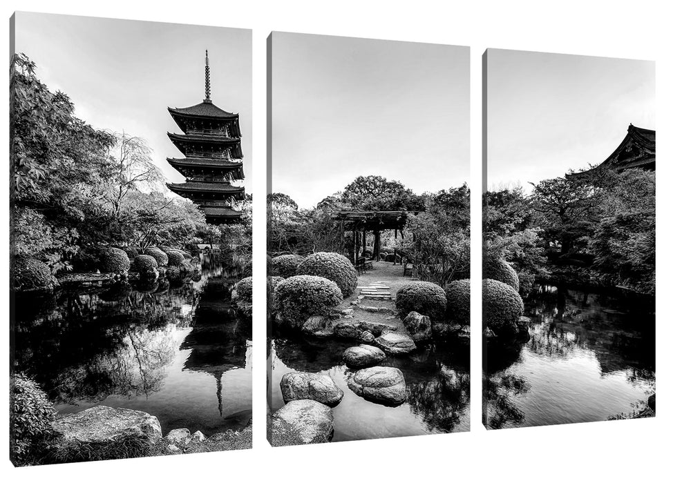 See im Herbst vor japanischem Tempel, Monochrome Leinwanbild 3Teilig