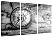 Alter Kompass auf Weltkarte, Monochrome Leinwanbild 3Teilig