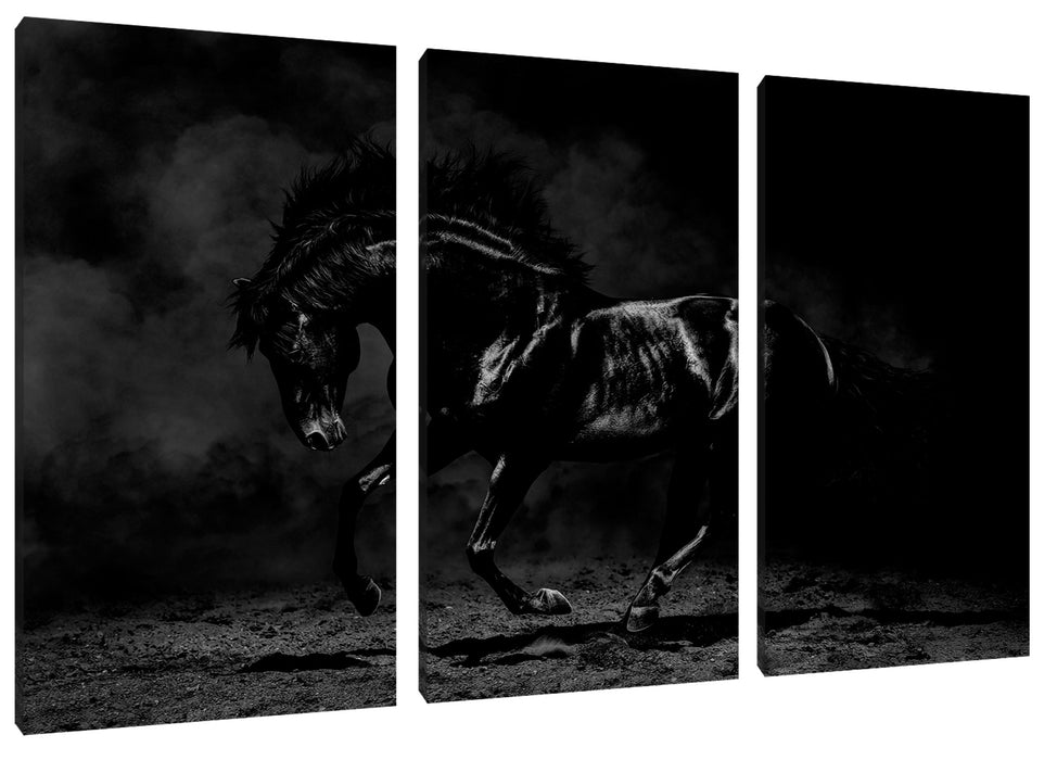 Edles galoppierendes schwarzes Pferd, Monochrome Leinwanbild 3Teilig