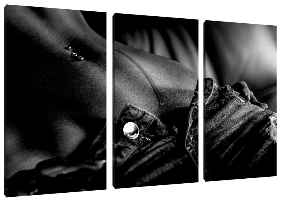 Schweißperle auf Frauenbauch, Monochrome Leinwanbild 3Teilig