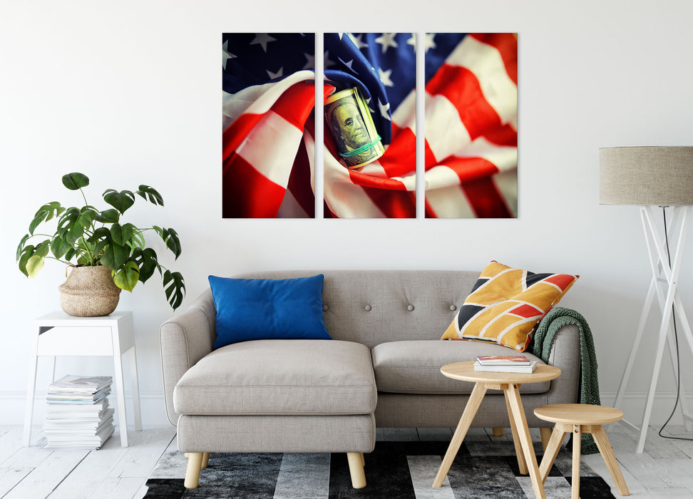 USA Flagge mit Dollarschein Leinwandbild Wohnzimmer 3Teilig