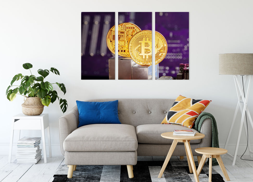Bitcoin BTC auf Platine Leinwandbild Wohnzimmer 3Teilig