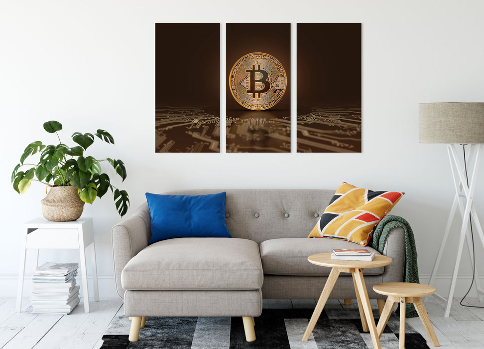 Bitcoin BTC mit Grafikkarte  Leinwandbild Wohnzimmer 3Teilig