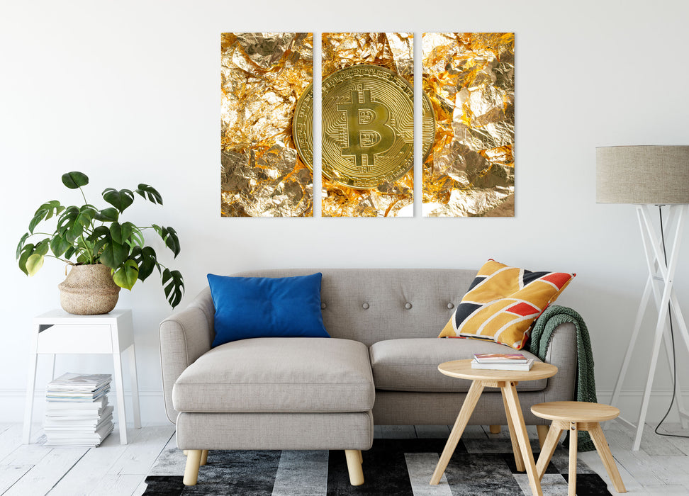 Bitcoin BTC Goldpapier Leinwandbild Wohnzimmer 3Teilig