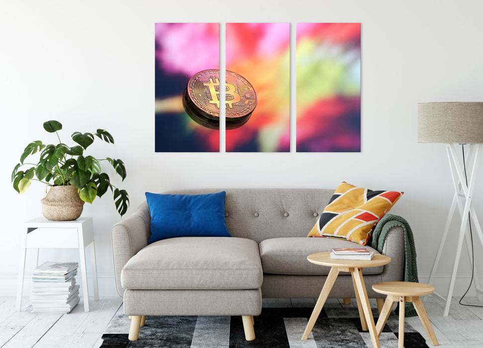 Bitcoin BTC bunte Darstellung Leinwandbild Wohnzimmer 3Teilig