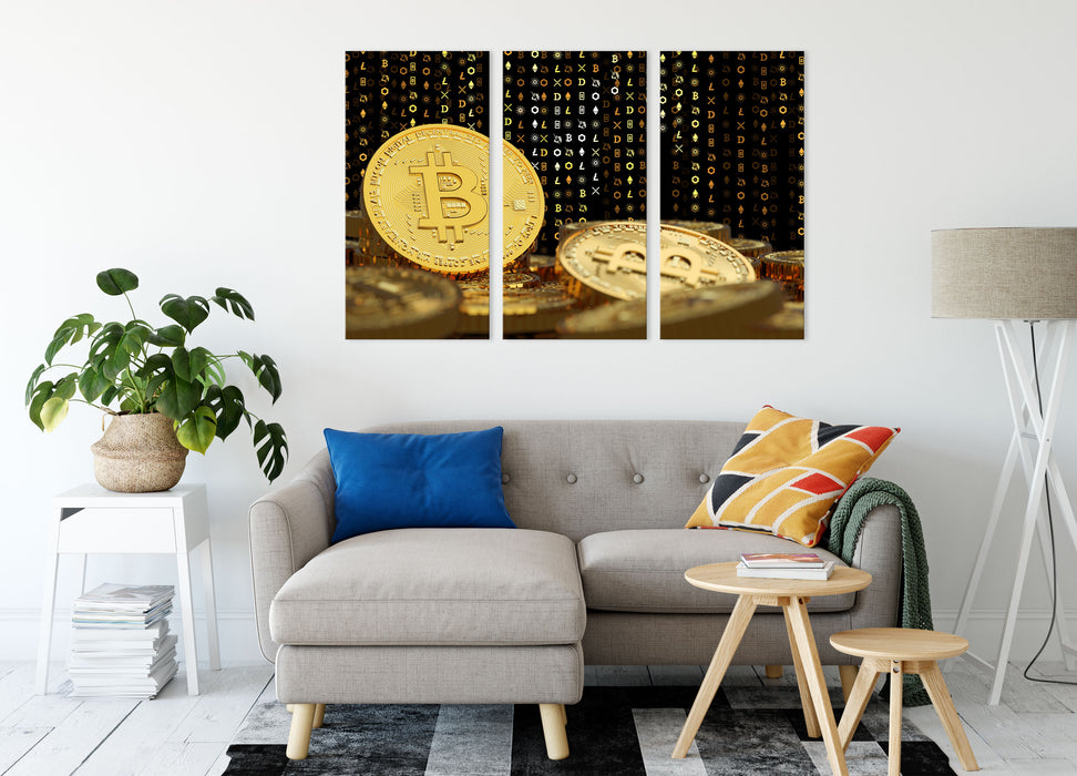 Bitcoin BTC Kryptowährung  Leinwandbild Wohnzimmer 3Teilig
