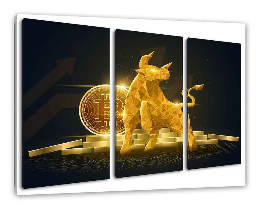 Bitcoin BTC mit goldenem Stier Leinwandbild 3Teilig