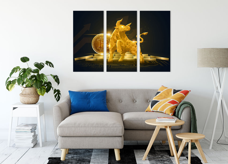Bitcoin BTC mit goldenem Stier Leinwandbild Wohnzimmer 3Teilig