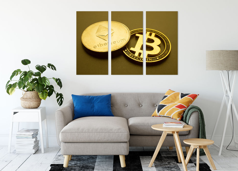 Ethereum ETH vs. Bitcoin BTC Leinwandbild Wohnzimmer 3Teilig