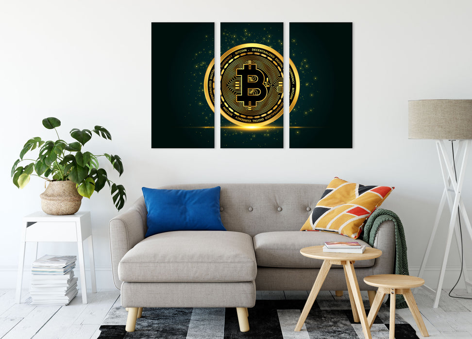 funkelnder Bitcoin BTC Leinwandbild Wohnzimmer 3Teilig