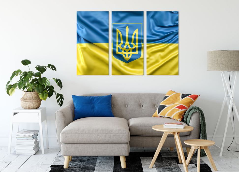 Ukraine Flagge mit Wappen Leinwandbild Wohnzimmer 3Teilig
