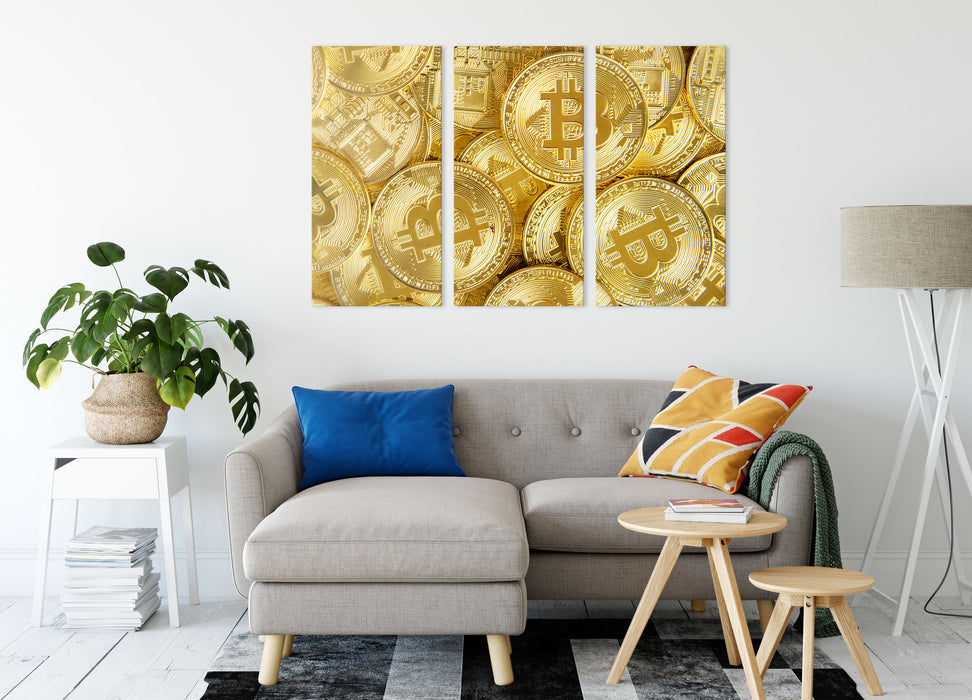 goldfarbene Bitcoins BTC Leinwandbild Wohnzimmer 3Teilig