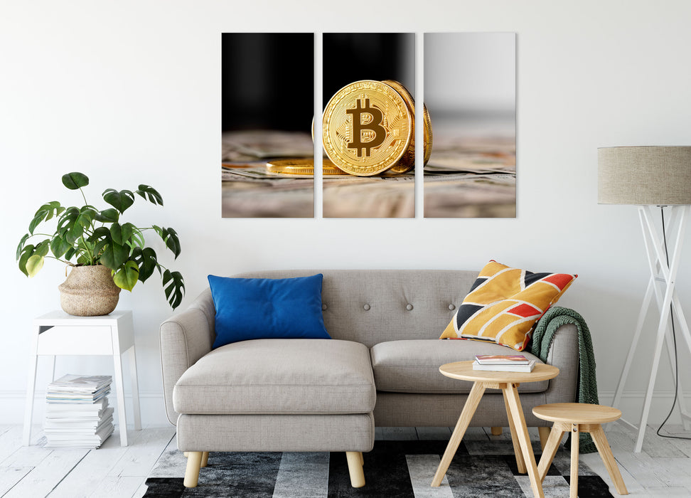 Bitcoins BTC Dollarschein Leinwandbild Wohnzimmer 3Teilig