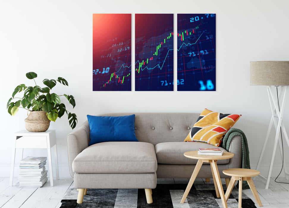 Aktienmarkt blau/ rot Leinwandbild Wohnzimmer 3Teilig