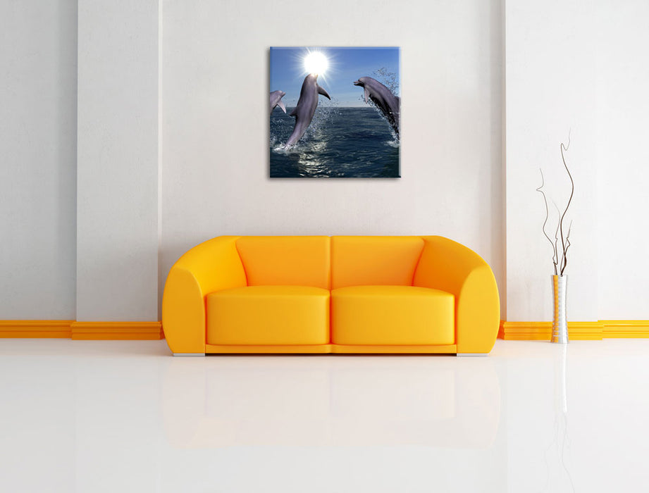 springende Delphine Leinwandbild Quadratisch über Sofa
