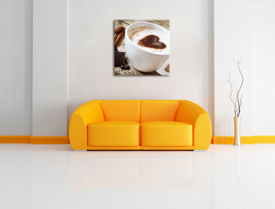 Tasse Kaffee mit Schokolade Leinwandbild Quadratisch über Sofa