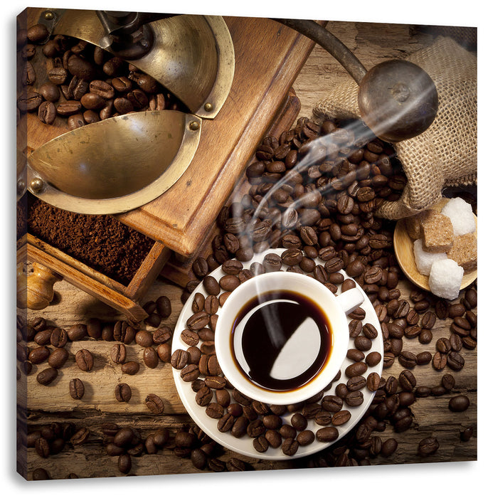 Kaffee mit Kaffeemühle Leinwandbild Quadratisch