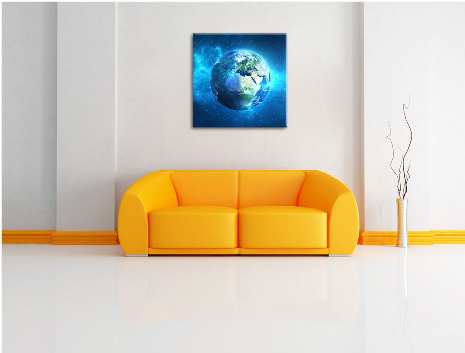 Erde im Universum Leinwandbild Quadratisch über Sofa