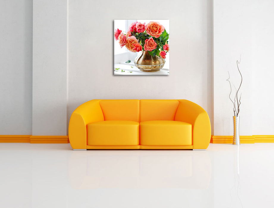 Rosen in Krug Leinwandbild Quadratisch über Sofa
