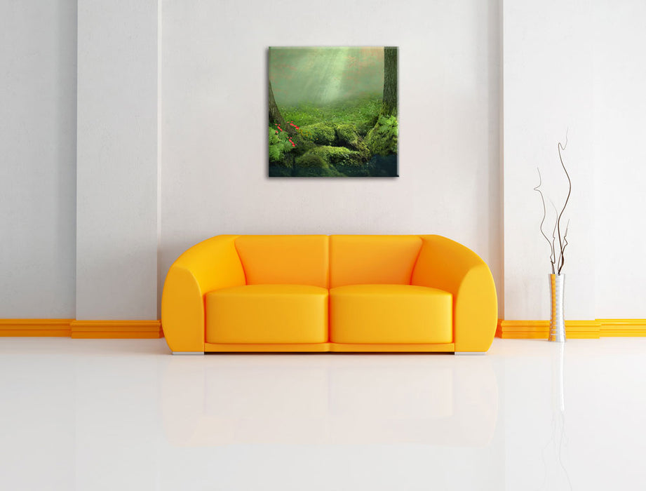 Baumwurzel und Schmetterling Leinwandbild Quadratisch über Sofa