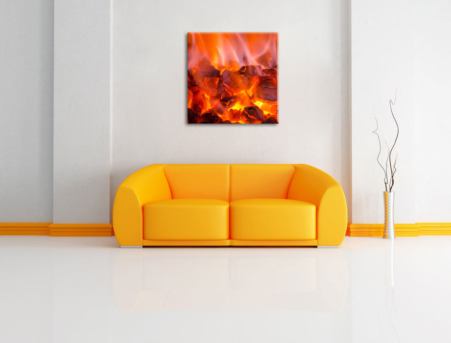 Holzkohle Feuer Leinwandbild Quadratisch über Sofa