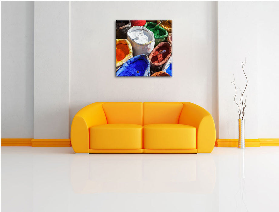 Farbpigmente Leinwandbild Quadratisch über Sofa