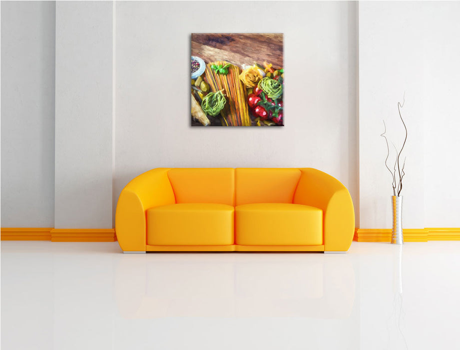 Pasta mit Gewürzen Leinwandbild Quadratisch über Sofa