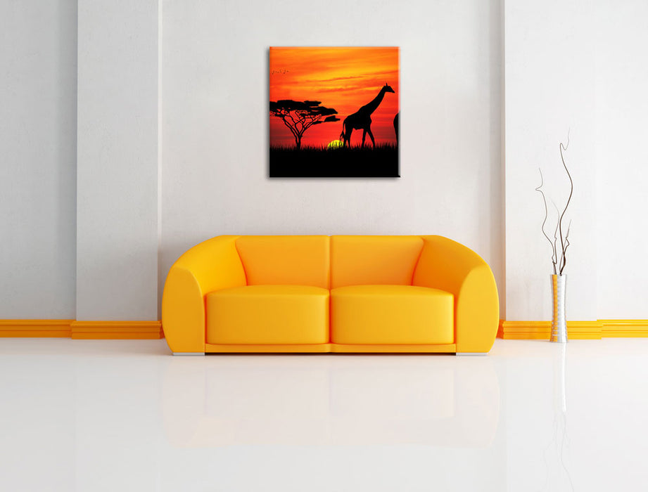 Afrika Giraffen im Sonnenuntergang Leinwandbild Quadratisch über Sofa