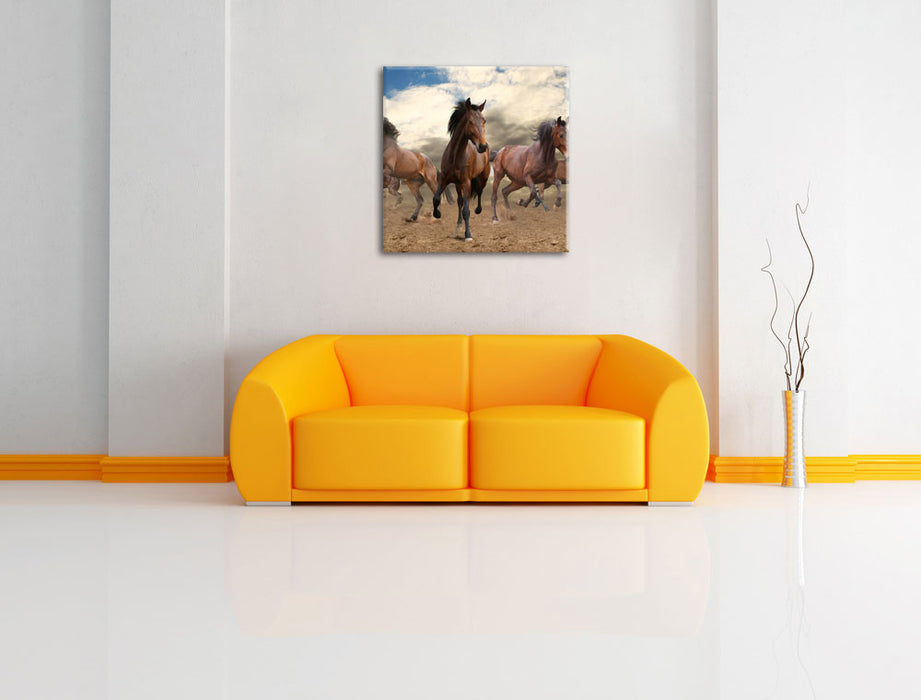 Western Pferde Cowboy Leinwandbild Quadratisch über Sofa