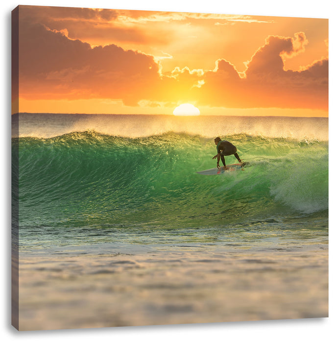 Surfen im Sonnenuntergang Leinwandbild Quadratisch
