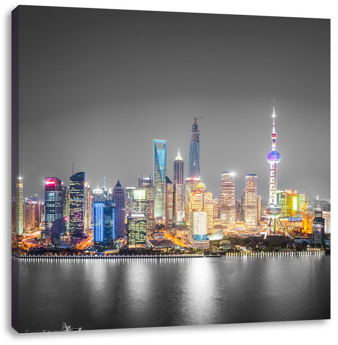 Shanghai Skyline bei Nacht Leinwandbild Quadratisch