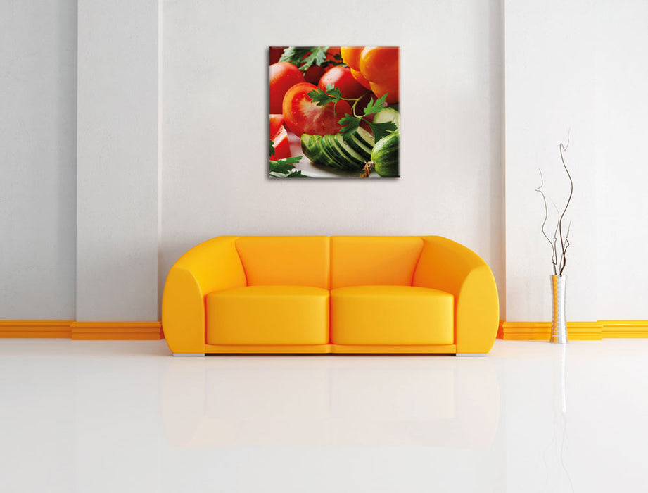Obst Gemüse Gurke Tomaten Leinwandbild Quadratisch über Sofa