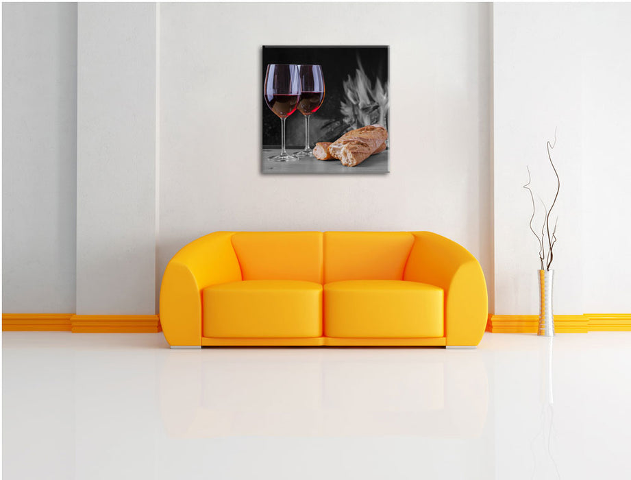 Baguette Wein Picknick Leinwandbild Quadratisch über Sofa