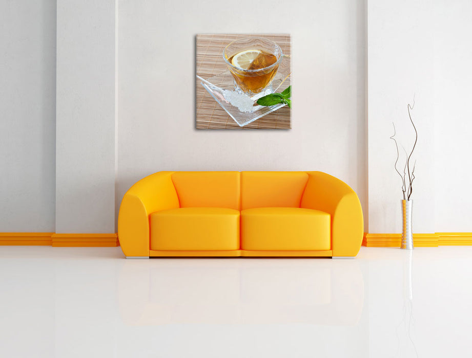 Tasse Tee mit Minze Leinwandbild Quadratisch über Sofa