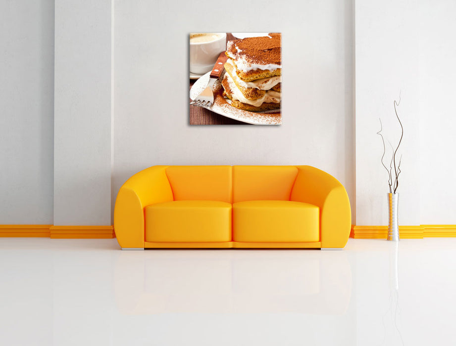 Leckeres Dessert mit Kaffee Leinwandbild Quadratisch über Sofa