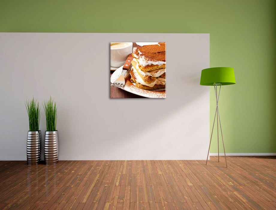 Leckeres Dessert mit Kaffee Leinwand Quadratisch im Flur