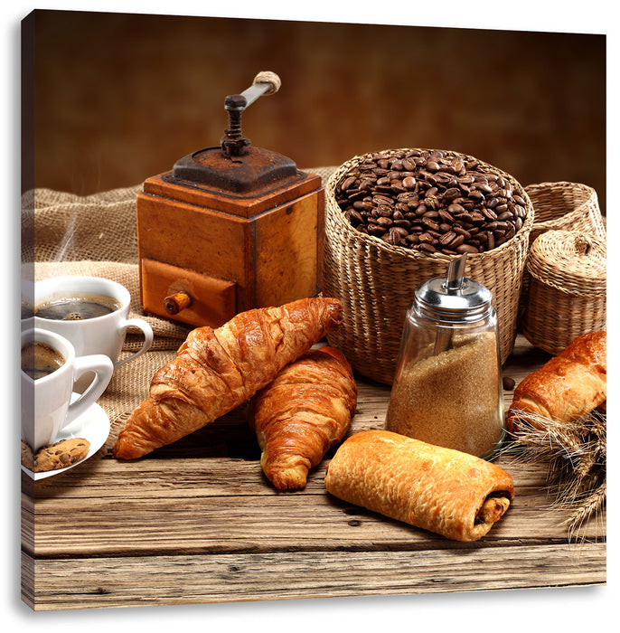 Aromatischer Kaffee mit Croissant Leinwandbild Quadratisch