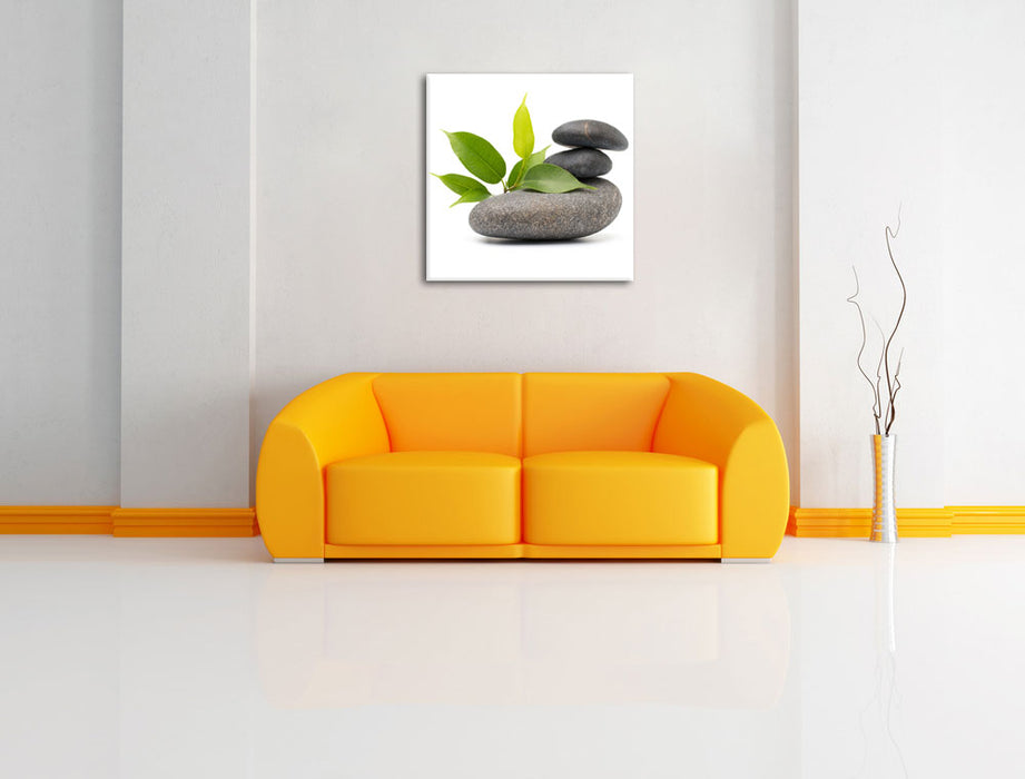 Steinbalance Leinwandbild Quadratisch über Sofa