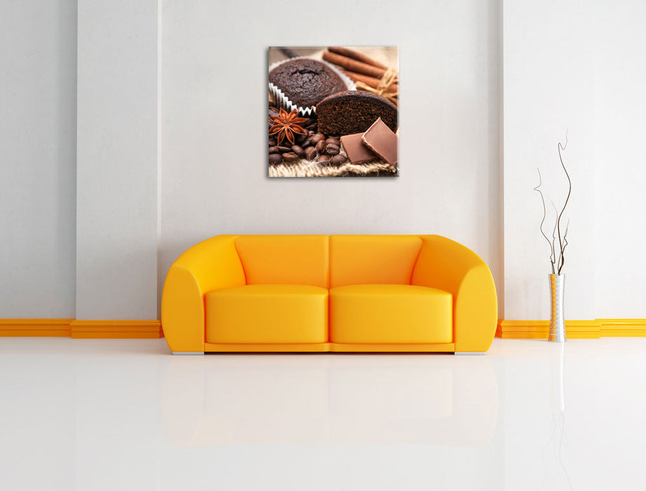 Leckere Schokomuffins Leinwandbild Quadratisch über Sofa