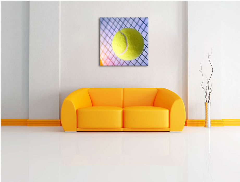 Tennisschläger Tennisball Leinwandbild Quadratisch über Sofa