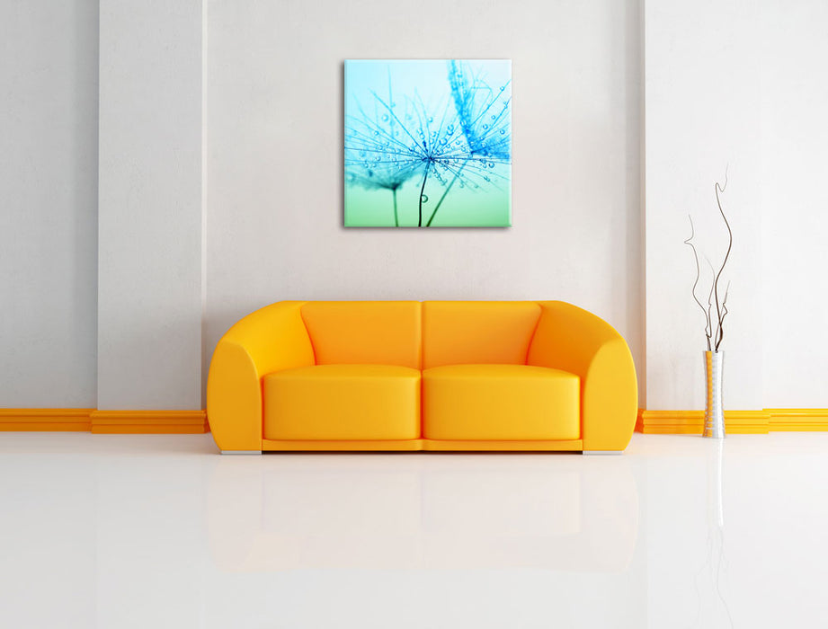 Pusteblume bedeckt mit Tropfen Leinwandbild Quadratisch über Sofa