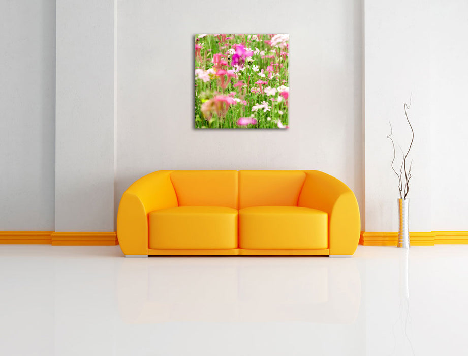 Wundervolle Blumenwiese Leinwandbild Quadratisch über Sofa