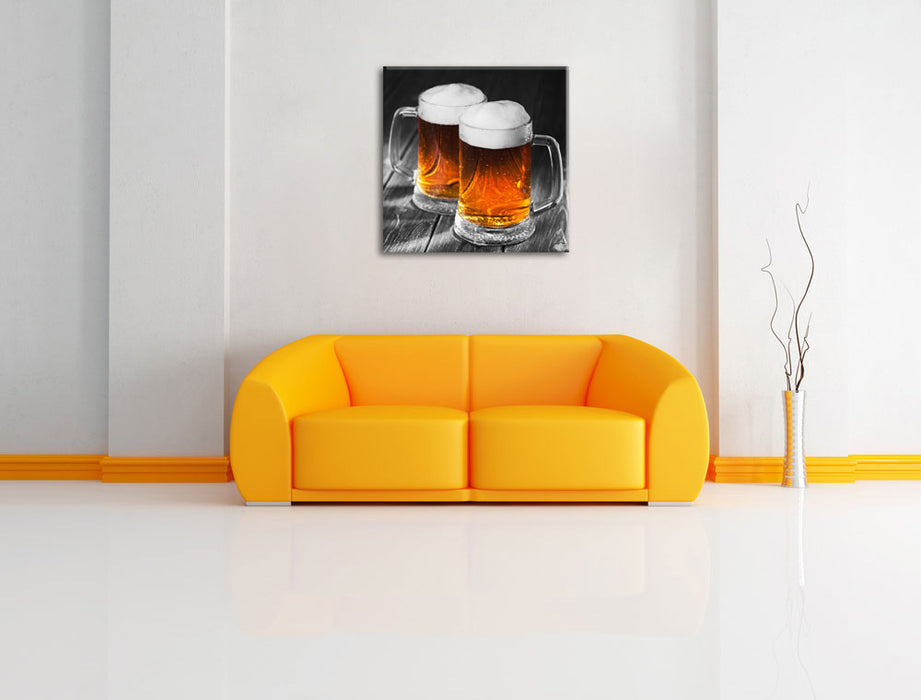 Zwei Maßkrüge Bier Leinwandbild Quadratisch über Sofa