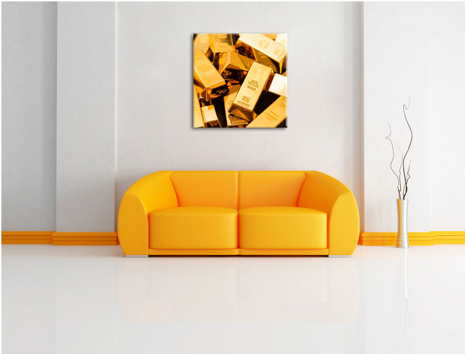 Eine Menge an Goldbarren Leinwandbild Quadratisch über Sofa